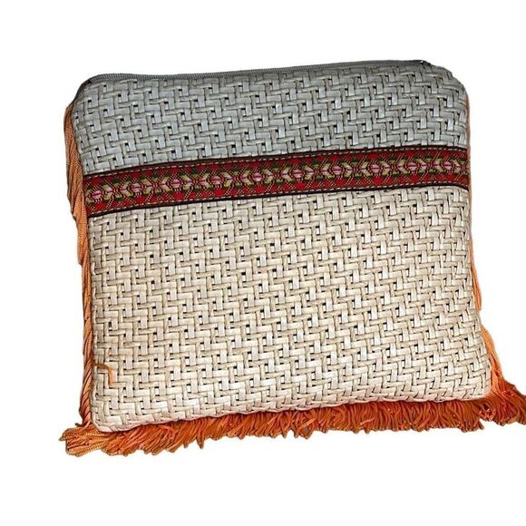 Takis Adamopoulos Straw Wicker‎ Woven Fringe Clutch made in Santorini Tan/Orange - Picture 1 of 7